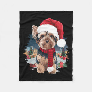 Cute Yorkie Dog Christmas Santa Hat Scarf Winter H Fleece Blanket