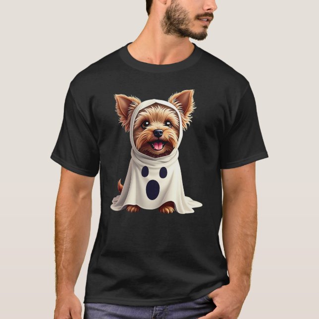 Cute Yorkie Dog Halloween Costume Party Ghost T-Shirt (Front)