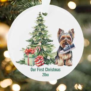 Cute Yorkie Dog Pine Tree Watercolor Christmas Ornament
