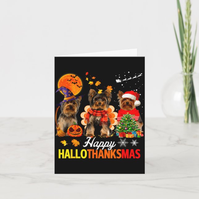 Cute Yorkie Happy Hallothanksmas Halloween Thanksg Card (Front)