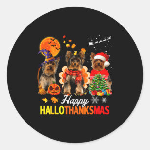 Cute Yorkie Happy Hallothanksmas Halloween Thanksg Classic Round Sticker