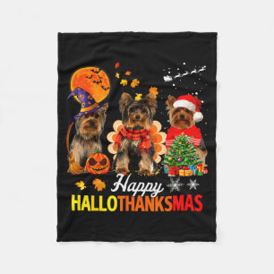 Cute Yorkie Happy Hallothanksmas Halloween Thanksg Fleece Blanket