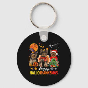 Cute Yorkie Happy Hallothanksmas Halloween Thanksg Key Ring