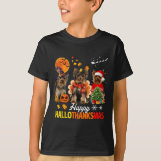 Cute Yorkie Happy Hallothanksmas Halloween Thanksg T-Shirt