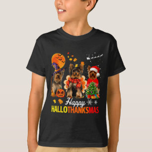 Cute Yorkie Happy Hallothanksmas Halloween Thanksg T-Shirt