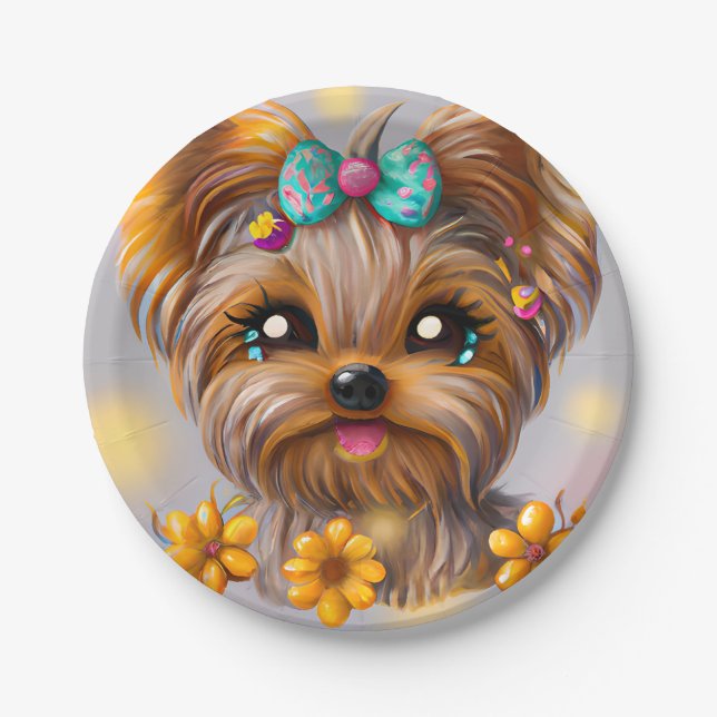 Cute Yorkie Kawaii Puppy  Paper Plate (Front)