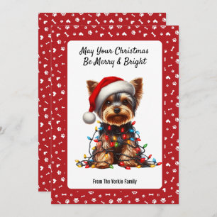 Cute Yorkie On Santa Hat And Christmas Light Holiday Card