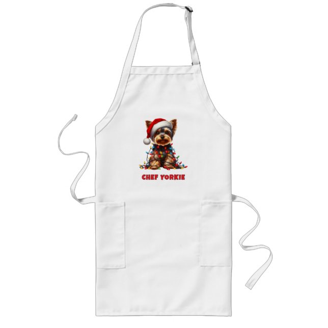 Cute Yorkie On Santa Hat And Christmas Light  Long Apron (Front)