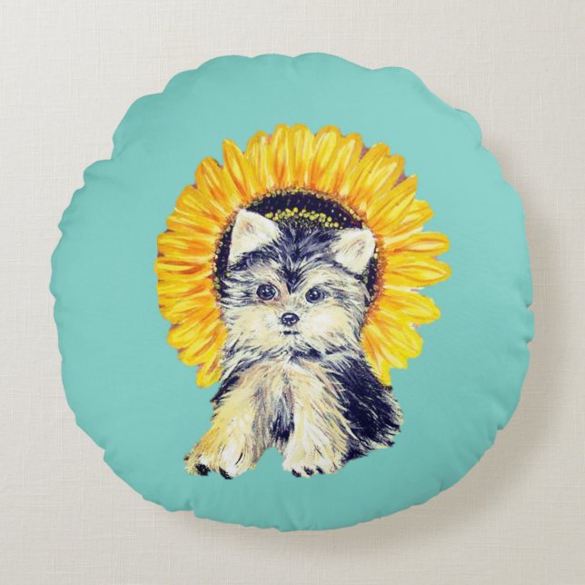 Cute Yorkie Puppy Dog & Sunflower on Teal Round Cushion (Front)