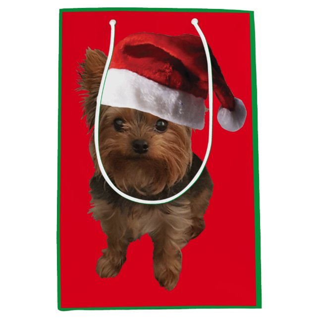 Cute Yorkie Puppy Wearing a Santa Claus Hat Medium Gift Bag (Front)
