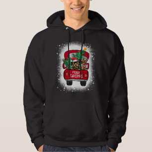 Cute Yorkie Red Truck Merry Christmas Bleached Hoodie