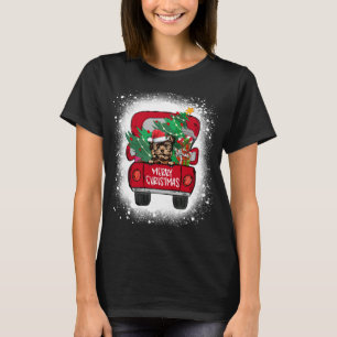 Cute Yorkie Red Truck Merry Christmas Bleached T-Shirt