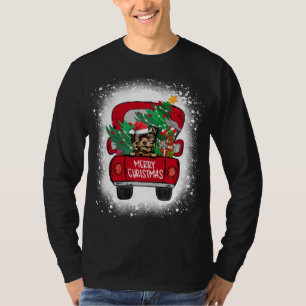 Cute Yorkie Red Truck Merry Christmas Bleached T-Shirt
