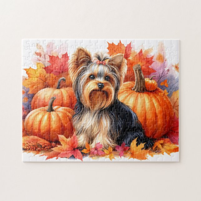 Cute Yorkie Terrier Autumn Leaves and Pumpkins Jigsaw Puzzle (Horizontal)