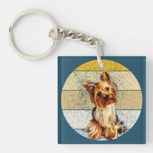 Cute Yorkie Terrier Dog Retro Background Key Ring