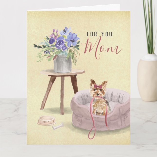 Cute Yorkie Watercolor Custom Name Mother's Day Card (Front)