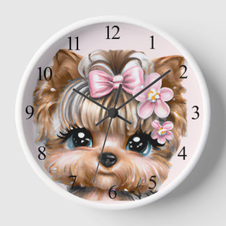 Cute Yorkie With a Pink Bow Clock