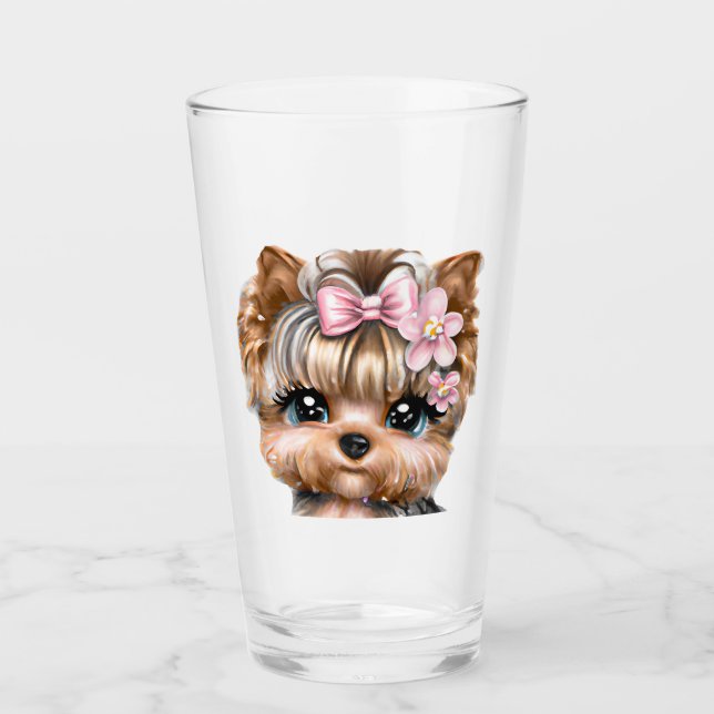 Cute Yorkie With a Pink Bow   Glass (Front)