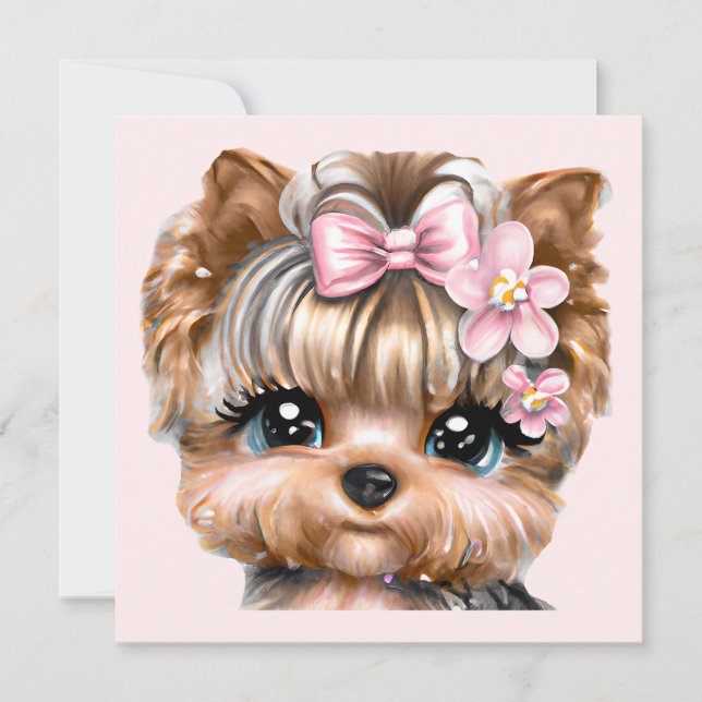 Cute Yorkie With a Pink Bow  Holiday Card (Front)