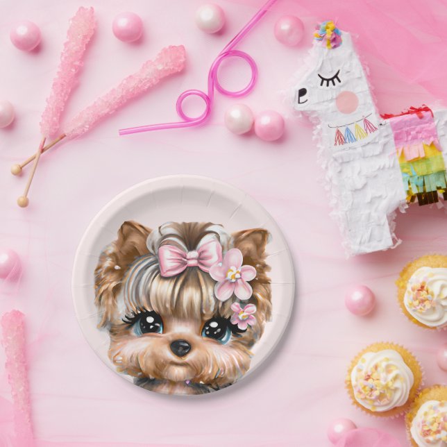 Cute Yorkie With a Pink Bow  Paper Plate (Party)