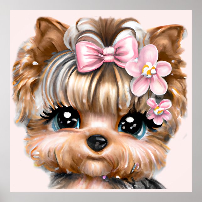 Cute Yorkie With a Pink Bow Poster (Front)