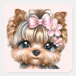 Cute Yorkie With a Pink Bow  Square Sticker