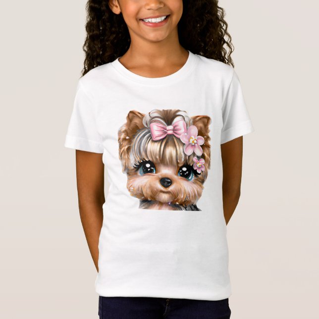 Cute Yorkie With a Pink Bow   T-Shirt (Front)