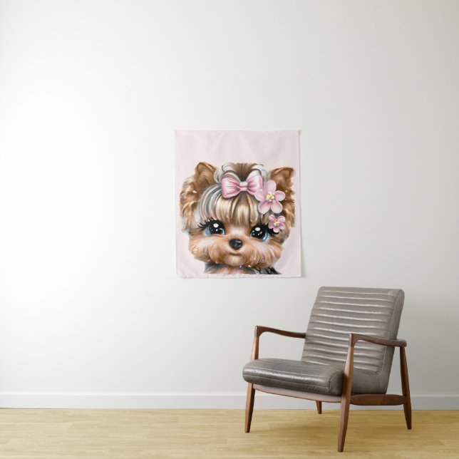 Cute Yorkie With a Pink Bow  Tapestry (In Situ)