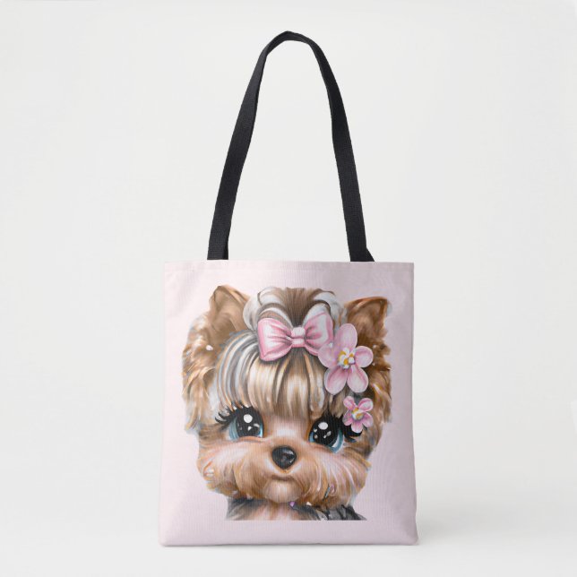Cute Yorkie With a Pink Bow   Tote Bag (Front)