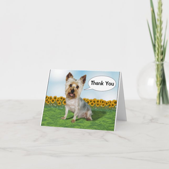 Cute Yorkie with Sunflowers Thank You Card (Front)
