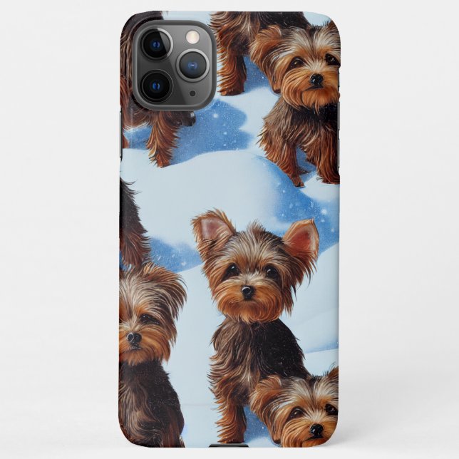 Cute Yorkies Enchanted Winter Snow Garden Drawing  iPhone Case (Back)