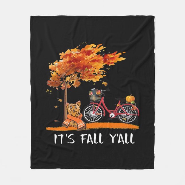 Cute Yorkshire Autumn Kawaii Yorkie It’s Fall Y’al Fleece Blanket (Front)