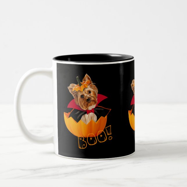 Cute Yorkshire dog Halloween pumpkin Two-Tone Coffee Mug (Left)