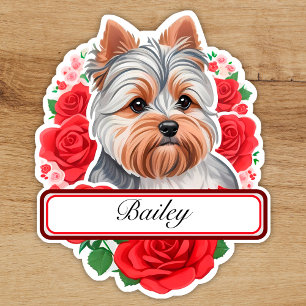 Cute Yorkshire & red roses around, custom label