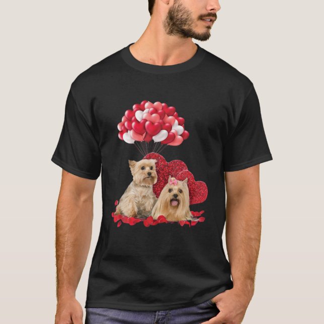 Cute Yorkshire Terrier Balloon Heart Valentine Day T-Shirt (Front)
