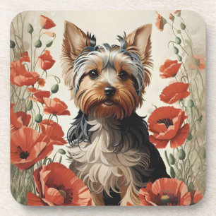 Cute Yorkshire Terrier Botanical Red Poppies Coaster