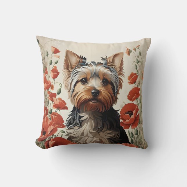 Cute Yorkshire Terrier Botanical Red Poppies Cushion (Front)
