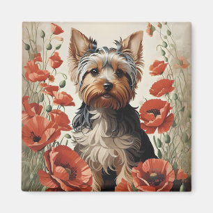 Cute Yorkshire Terrier Botanical Red Poppies Magnet