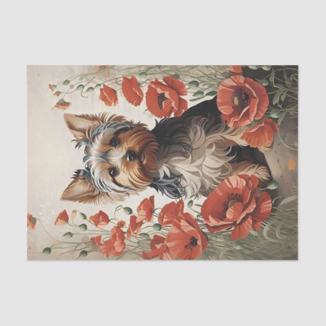 Cute Yorkshire Terrier Botanical Red Poppies Tissue Paper (Front)