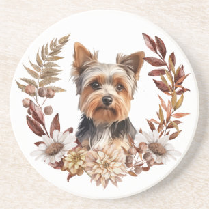 Cute Yorkshire Terrier Dog Autumn Wreath Coaster