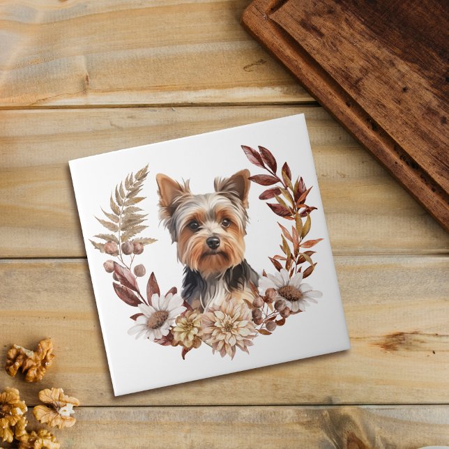 Cute Yorkshire Terrier Dog Autumn Wreath Tile (Creator Uploaded)