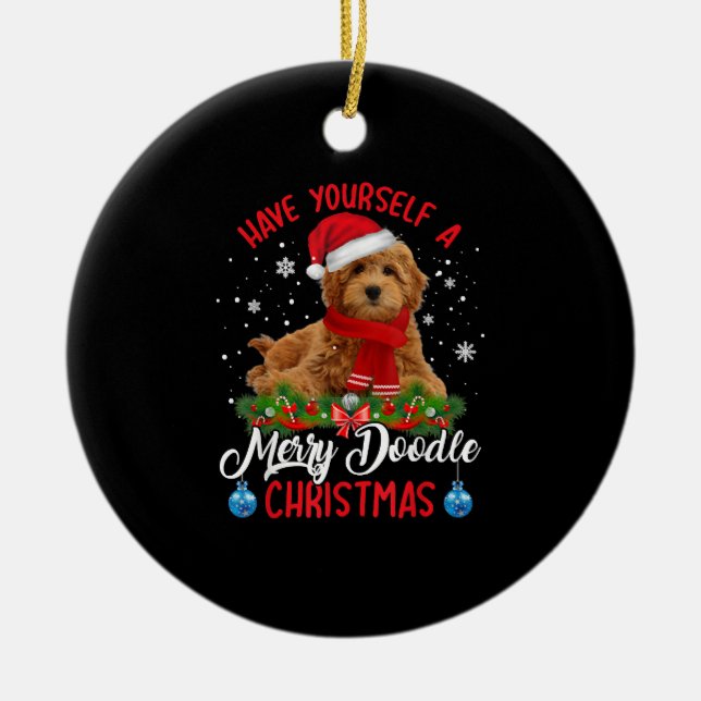 Cute Yorkshire Terrier Dog Merry Doodle Christmas Ceramic Tree Decoration (Front)