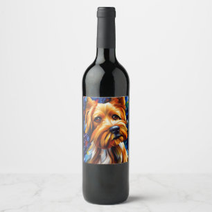 Cute Yorkshire Terrier Dog Painting Wine Label