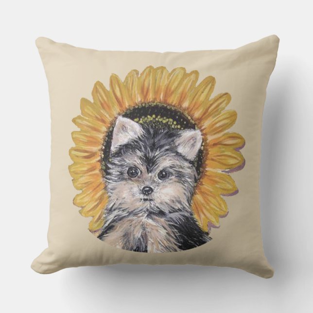 Cute Yorkshire Terrier Dog & Sunflower on Beige Cushion (Front)
