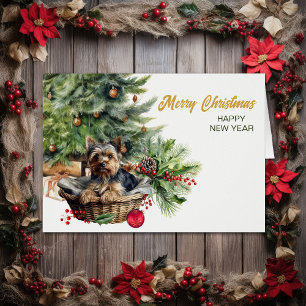 Cute Yorkshire Terrier Dog Wicker Basket Christmas