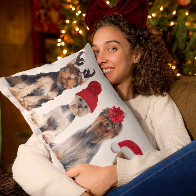 Cute Yorkshire Terrier Dogs With Christmas Hats Lumbar Cushion (Creator Uploaded)