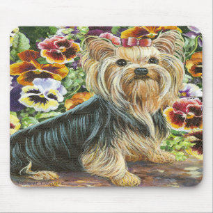 Cute Yorkshire Terrier in the Pansies Mousepad