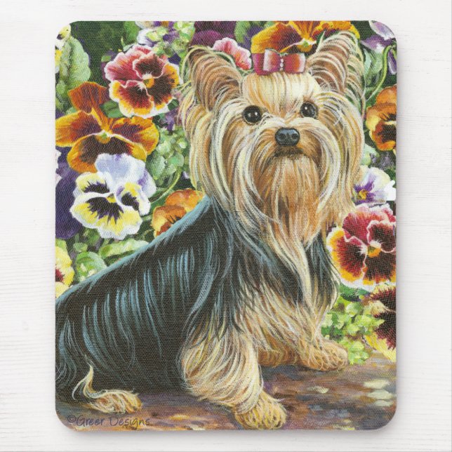Cute Yorkshire Terrier in the Pansies Mousepad (Front)