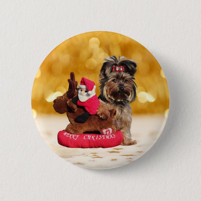 Cute Yorkshire Terrier Merry Christmas 6 Cm Round Badge (Front)