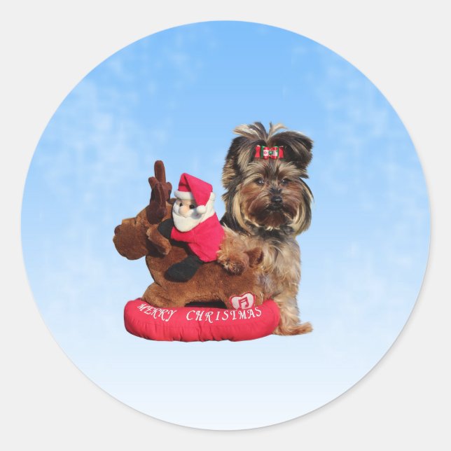 Cute Yorkshire Terrier Merry Christmas Classic Round Sticker (Front)